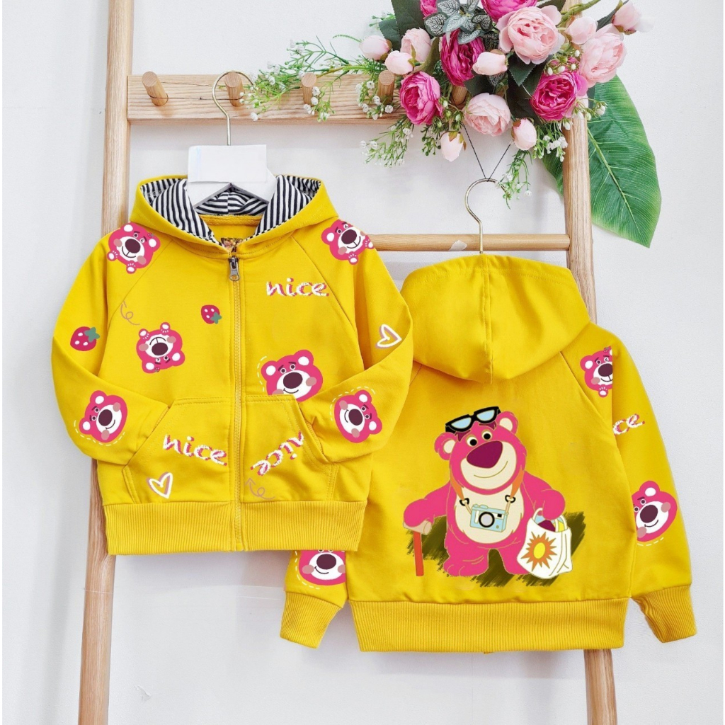 Khoác gấu dâu bé gái 1 tuổi - 12 tuổi cân nặng từ 10kg - 38kg chất da cá dày dặn mềm mịn mát thấm hút mồ hôi tốt