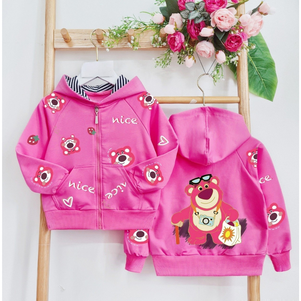 Khoác gấu dâu bé gái 1 tuổi - 12 tuổi cân nặng từ 10kg - 38kg chất da cá dày dặn mềm mịn mát thấm hút mồ hôi tốt