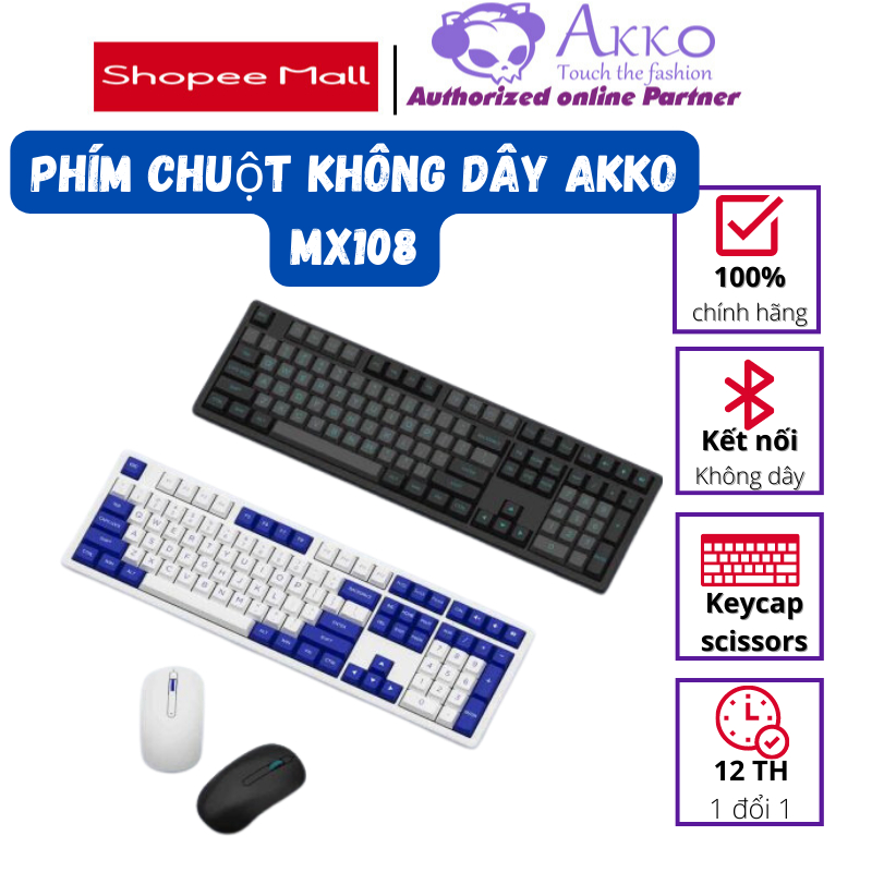 Phím chuột không dây AKKO MX108 (Bluetooth – 2.4Ghz – Black & Cyan / Blue on White)