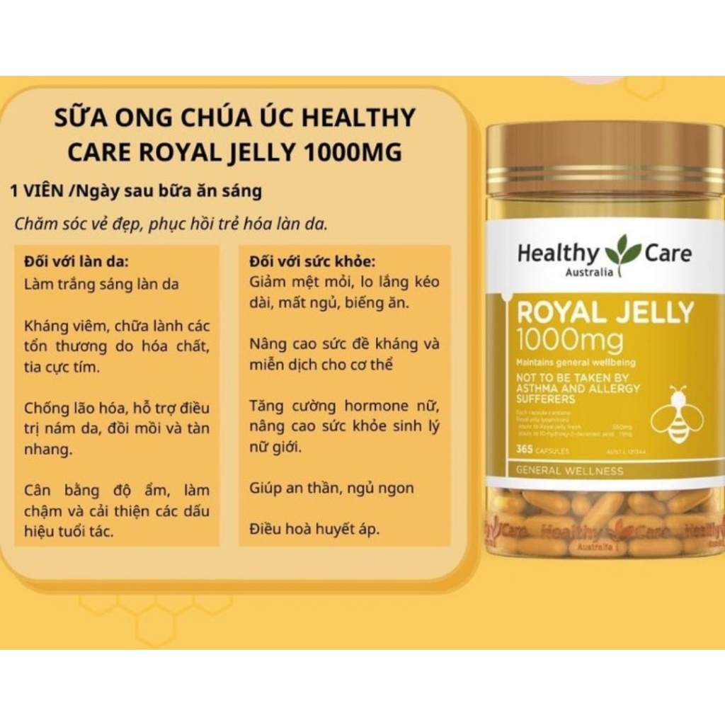 Sữa ong chúa Healthy Care Royal Jelly 1000mg 365 viên chống lão hóa tăng hormone nữ