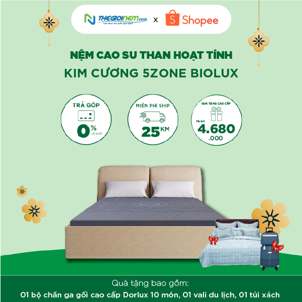Nệm nằm ngủ Cao Su Kim Cương 5Zone Than Hoạt Tính BIOLUX