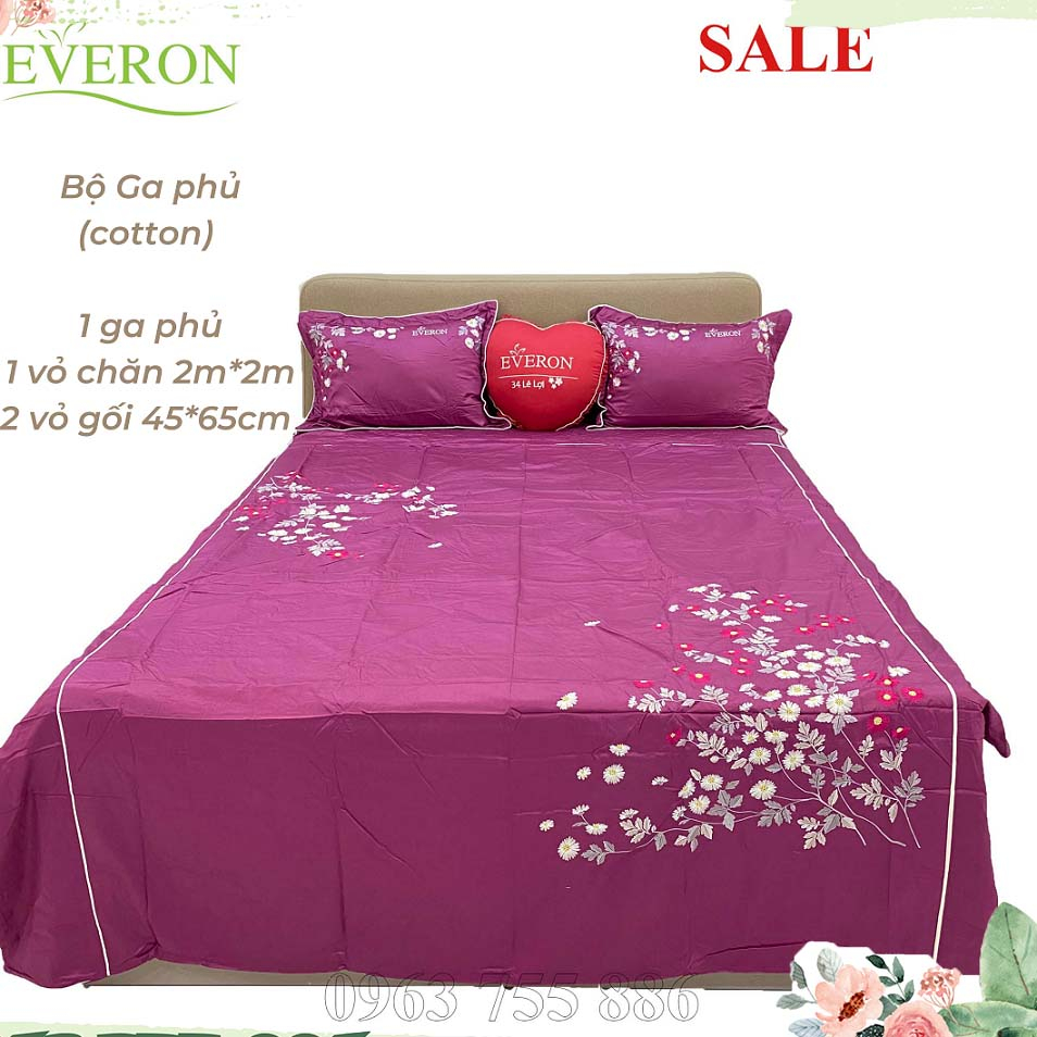 Chăn mền hè thu, bộ ga phủ everon màu đỏ tím esc 20001 cotton satin giảm giá