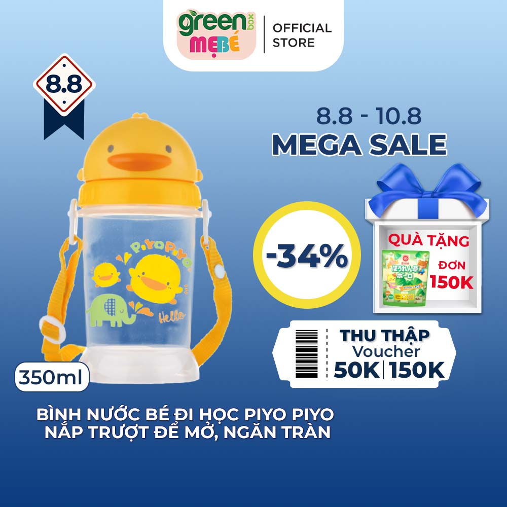 Bình nước cho bé đi học có dây đeo Piyo Piyo 350ml, nắp trượt để mở, ống hút ngăn tràn