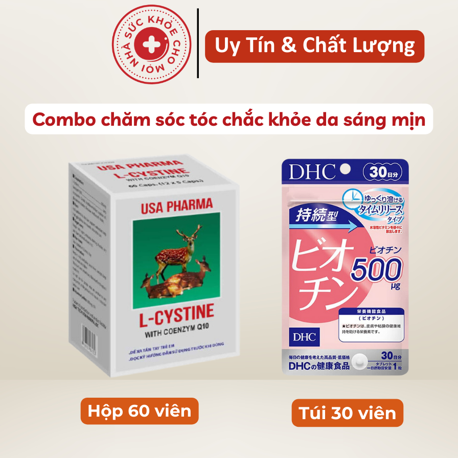 Combo viên uống Lcystine 60 viên và DHC Biotin 30 viên giúp da sáng mịn chăm sóc tóc chắc khỏe suckhoechomoinha