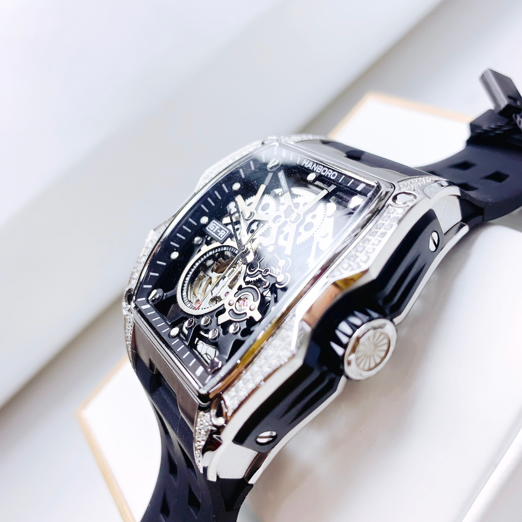 Đồng Hồ Nam Hanboro 932 Nạm Đá - Dây Silicone, Size 40x48mm