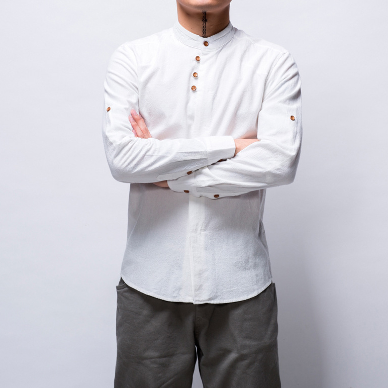 Áo Sơ Mi Nam Đũi Xước Nhật Cổ Tàu, Cúc Dây Cài, 5 Màu Tùy Chọn