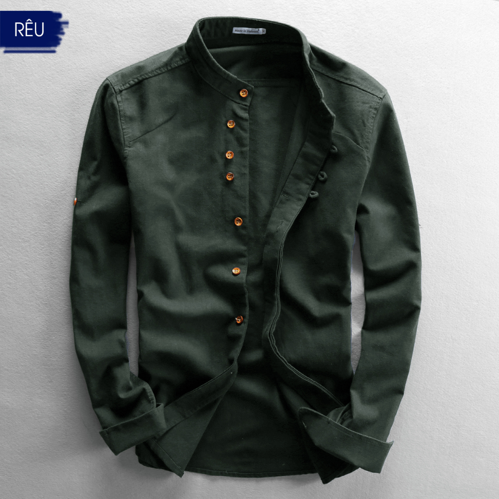Áo Sơ Mi Nam Đũi Xước Nhật Cổ Tàu, Cúc Dây Cài, 5 Màu Tùy Chọn