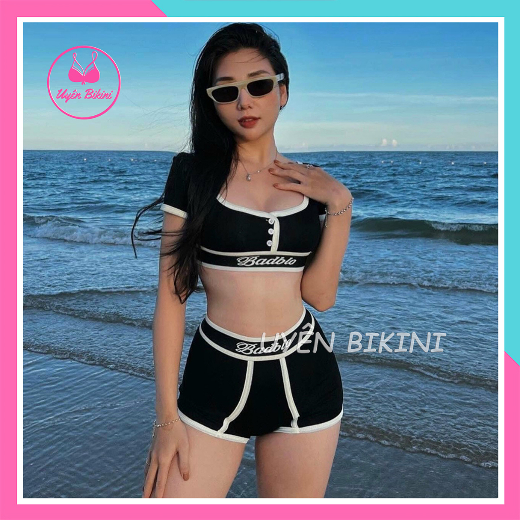 Đồ bơi áo tắm bikini hai mảnh badblood viền trắng quần đùi cạp cao đi biển kín đáo che khuyết điểm
