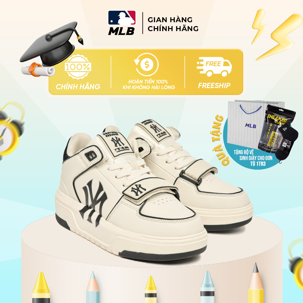 Giày MLB chunky liner mid màu trắng chính hãng , giày sneaker thể thao quai dán cổ lửng new york yankees logo đen