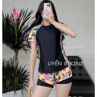 Đồ bơi nữ bikini hai mảnh cộc tay quần đùi hoạ tiết lá đồ đi biển bikini kín đáo