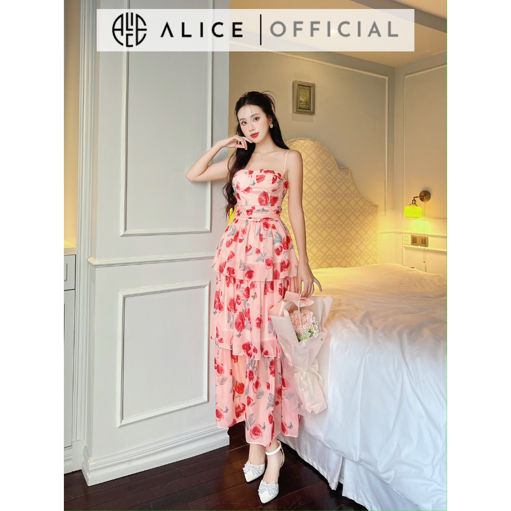 Váy Tiểu Thư 2 Dây Tơ Hoa Hồng Cúp Ngực 3 Tầng ALICE Chất Liệu Cao Cấp, Phong Cách Nhẹ Nhàng, Nữ Tính V946