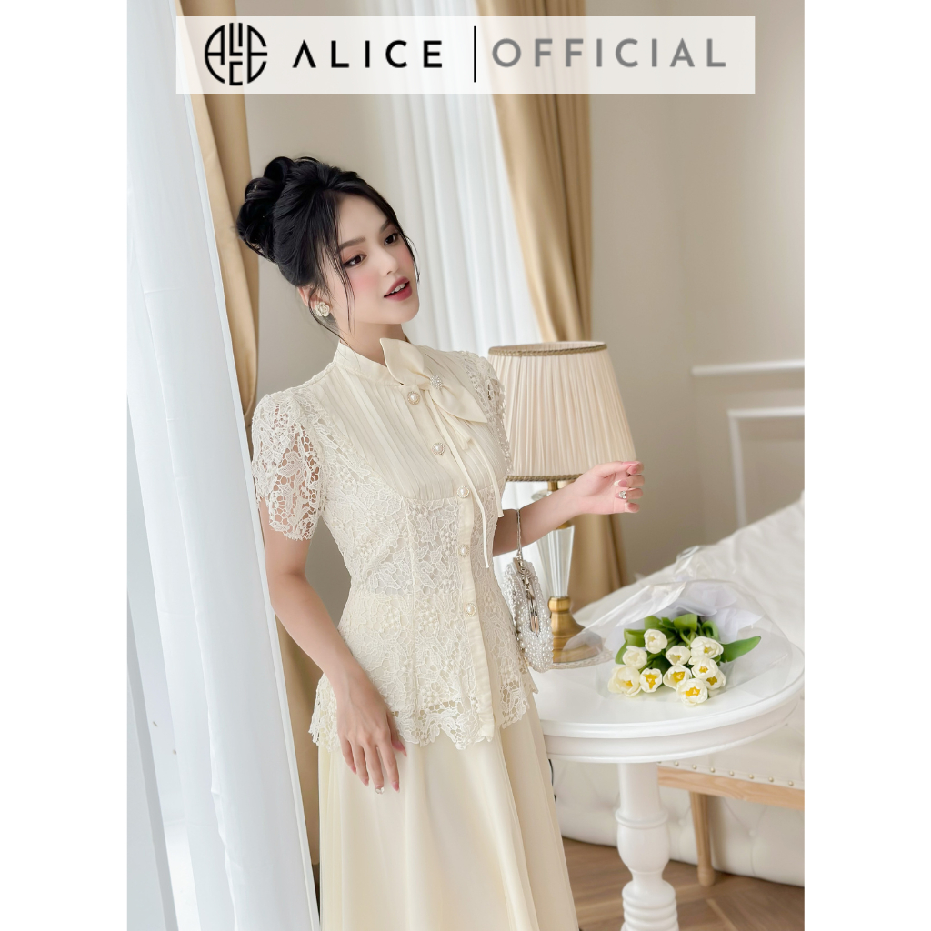 Set Váy Tiểu Thư Áo Sơ Mi Ren Xếp Ly Ngực Kèm Hoa ALICE Chân Váy Lưới Xoè 3 Lớp Thanh Lịch, Phong Cách Công Sở S357