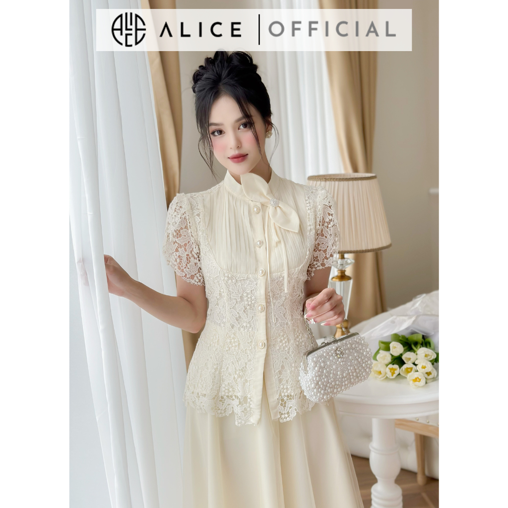 Set Váy Tiểu Thư Áo Sơ Mi Ren Xếp Ly Ngực Kèm Hoa ALICE Chân Váy Lưới Xoè 3 Lớp Thanh Lịch, Phong Cách Công Sở S357