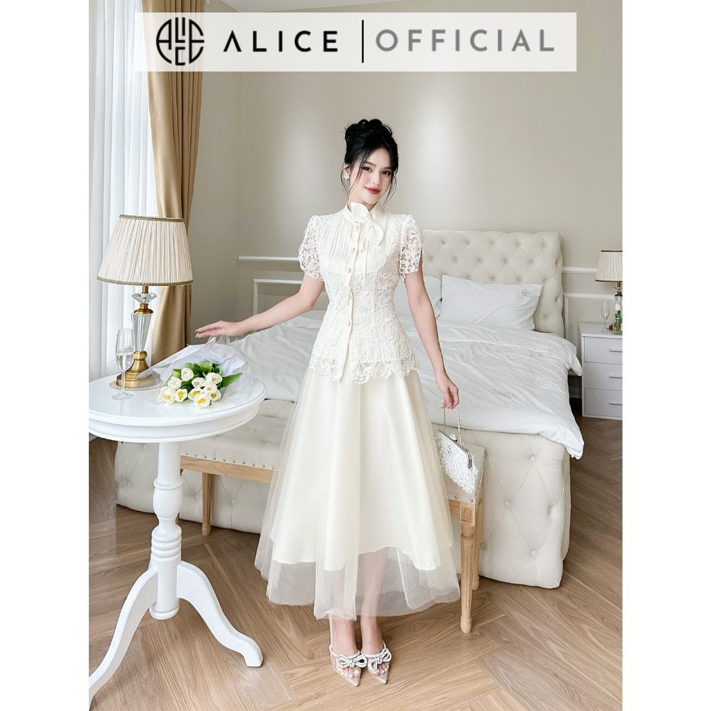 Set Váy Tiểu Thư Áo Sơ Mi Ren Xếp Ly Ngực Kèm Hoa ALICE Chân Váy Lưới Xoè 3 Lớp Thanh Lịch, Phong Cách Công Sở S357