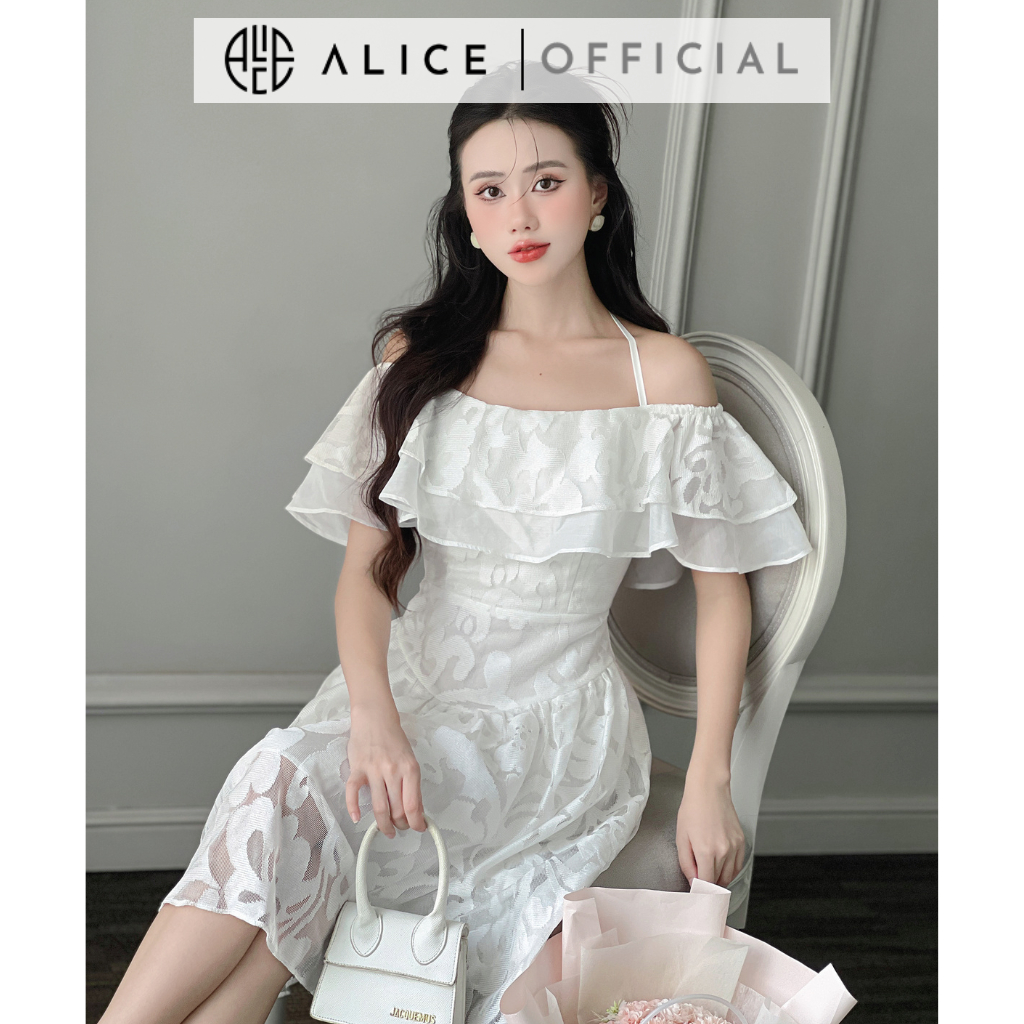 Váy Tiểu Thư Trễ Vai Ren Nhũ Phối Tơ Óng Lót Lụa Alice Dáng Xoè Che Khuyết Điểm, Chất Ren Mềm Mát V947