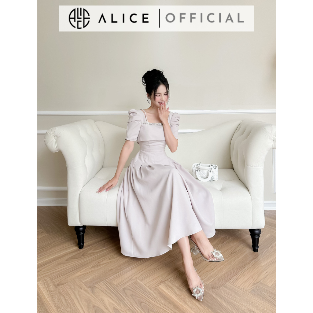 Váy Xoè Cổ Vuông ALICE Đính Đá Tay Bồng Chiết Li Eo, Chất Tuyết Mưa Cao Cấp, Phù Hợp Đi Làm Đi Chơi V943