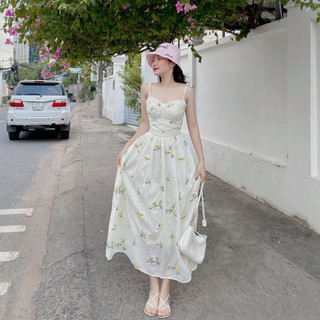 Đầm 2 dây trắng kem hoa nhỏ tùng xòe chất xô thêu cao cấp Callene (L1975)