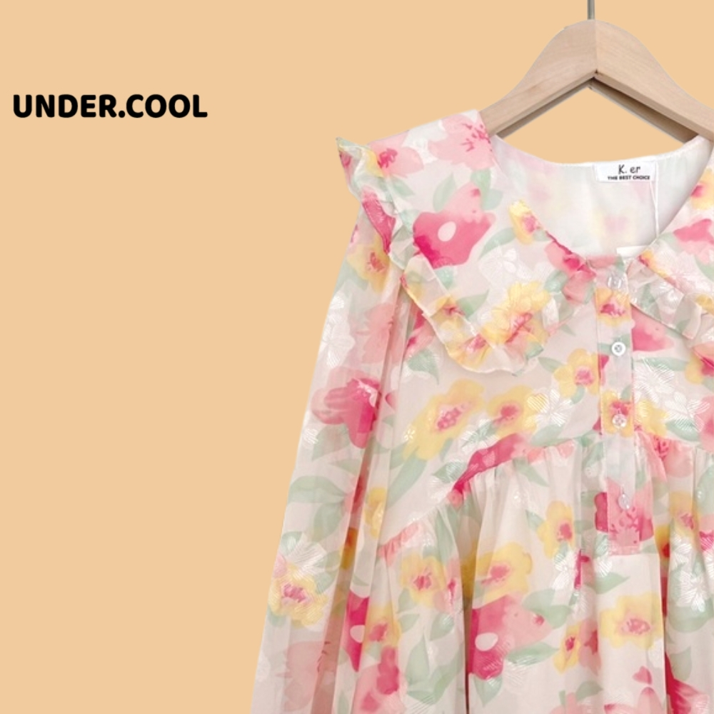 Váy Voan Dáng Bầu Babydoll dài tay hoa cổ bèo UNDERCOOL Đầm dập ly hoa phong cách tiểu thư thời trang nữ Korea