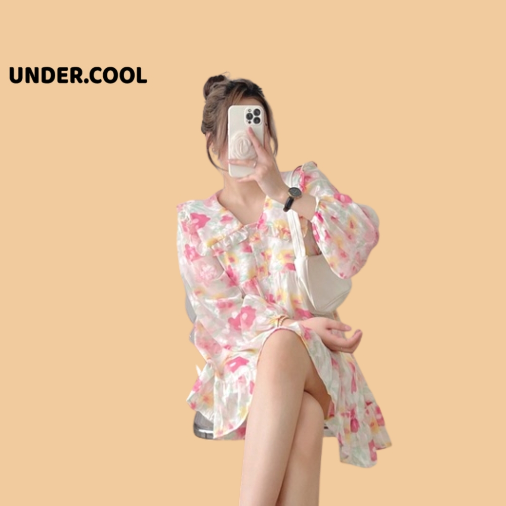 Váy Voan Dáng Bầu Babydoll dài tay hoa cổ bèo UNDERCOOL Đầm dập ly hoa phong cách tiểu thư thời trang nữ Korea