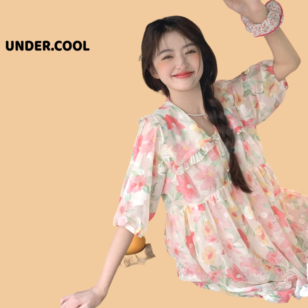 Váy Voan Dáng Bầu Babydoll dài tay hoa cổ bèo UNDERCOOL Đầm dập ly hoa phong cách tiểu thư thời trang nữ Korea
