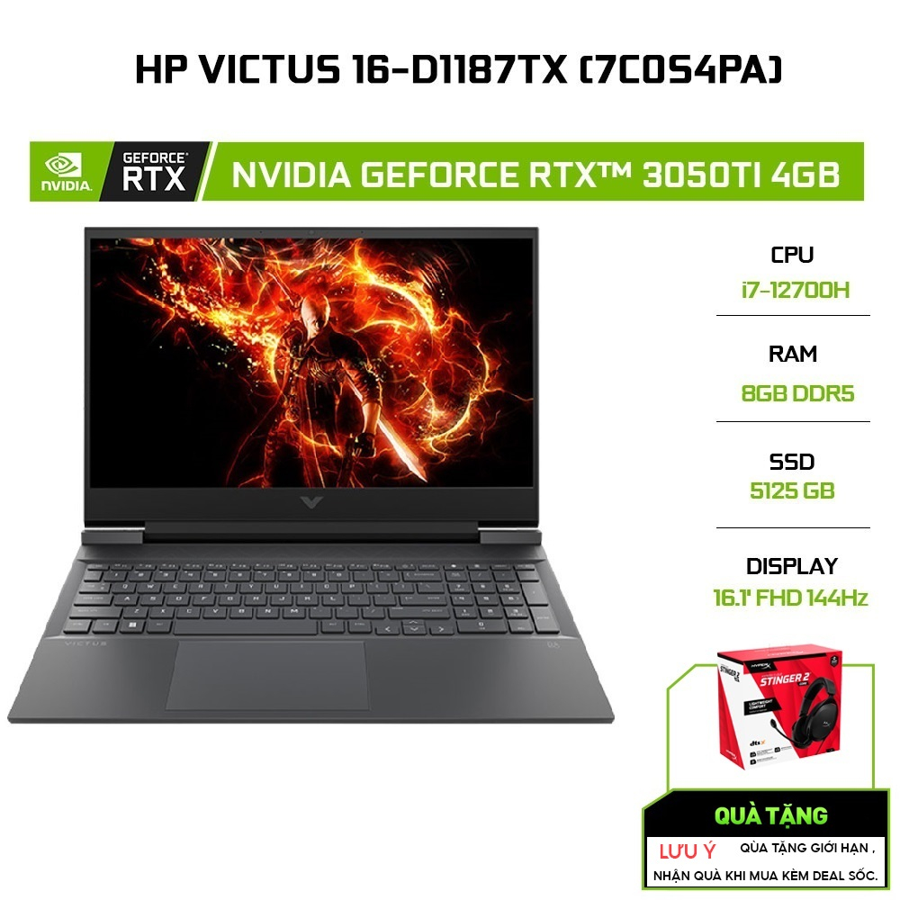 Laptop HP VICTUS 16-d1187TX 7C0S4PA i7-12700H | 8GB | 512GB | GeForce RTX™ 3050Ti 4GB