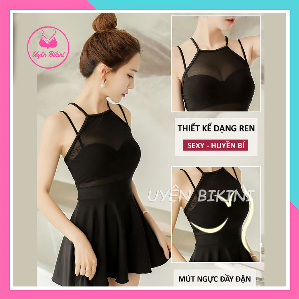 Đồ bơi áo tắm bikini liền thân hai dây váy xoè phối lưới sexy màu đen tôn dáng đi biển sang chảnh