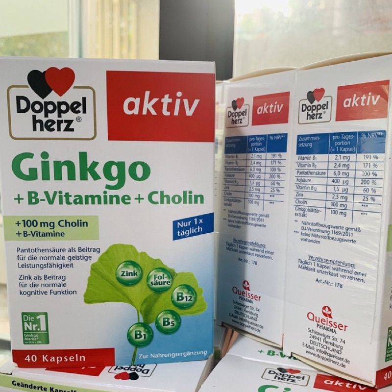 Bổ não Ginko Biloba B-vitamin Cholin 40 viên hỗ trợ tăng cường trí nhớ, giảm đau đầu Đức 🇩🇪