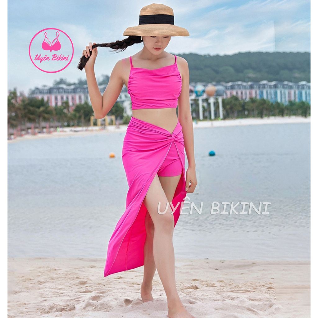 Đồ bơi áo tắm bikini 3 món áo nhún quần đùi kèm váy đi biển trẻ trung sexy