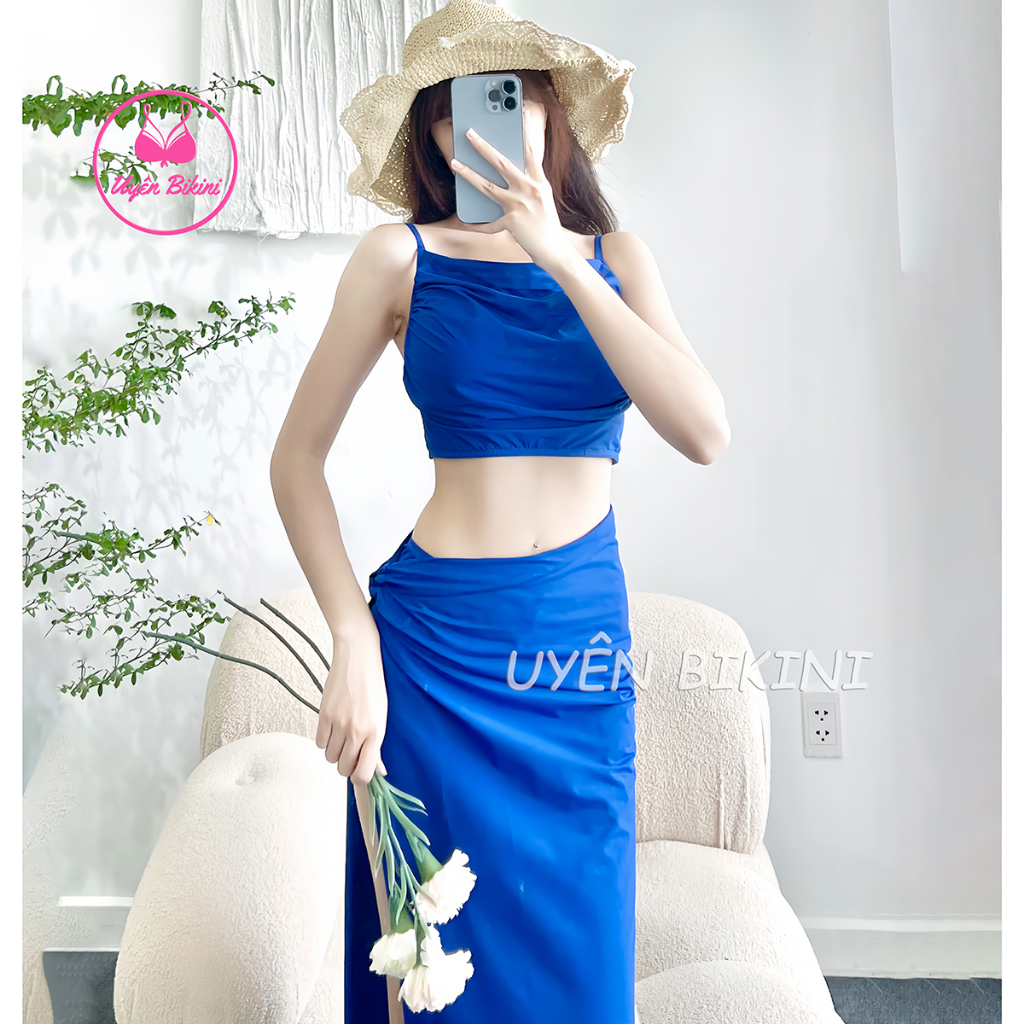 Đồ bơi áo tắm bikini 3 món áo nhún quần đùi kèm váy đi biển trẻ trung sexy