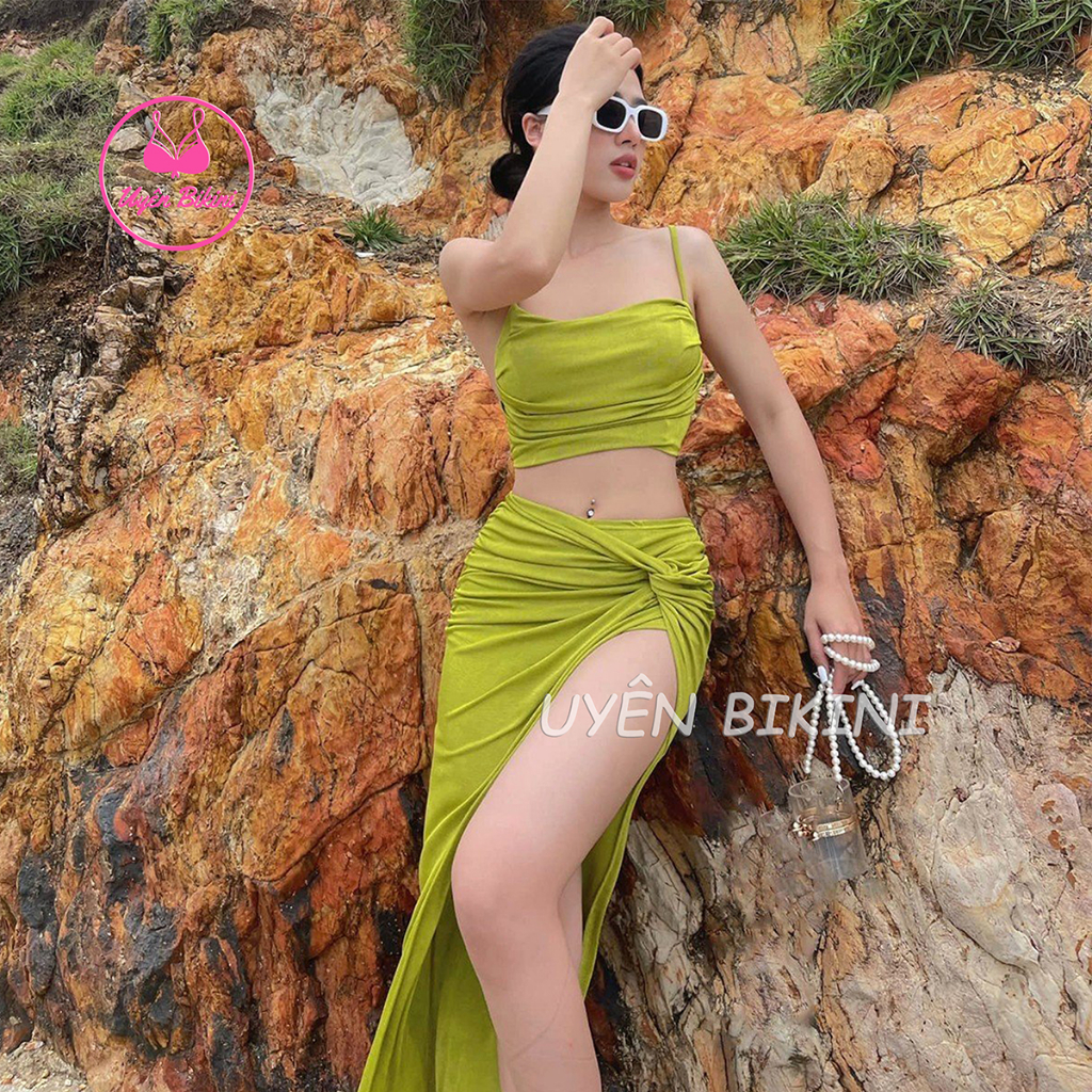Đồ bơi áo tắm bikini 3 món áo nhún quần đùi kèm váy đi biển trẻ trung sexy