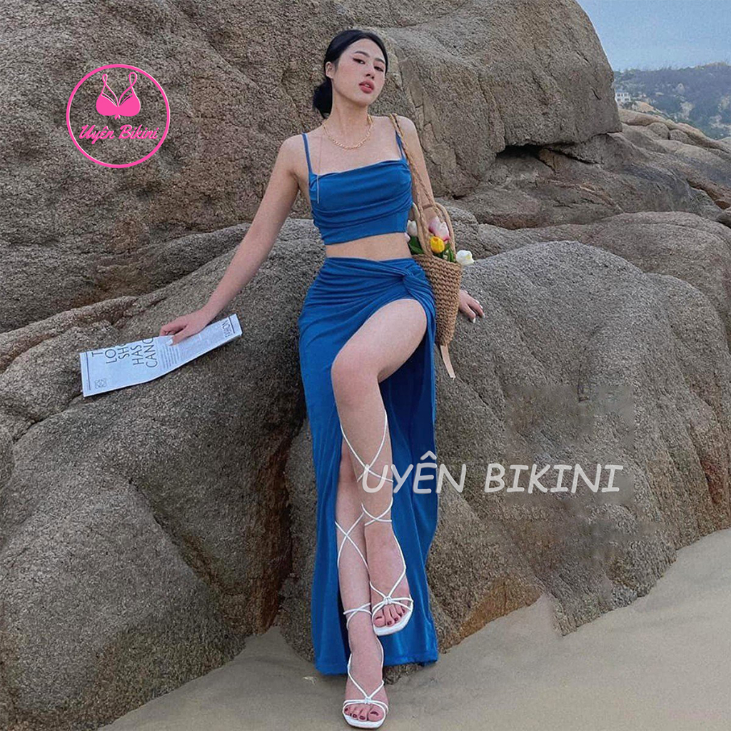 Đồ bơi áo tắm bikini 3 món áo nhún quần đùi kèm váy đi biển trẻ trung sexy