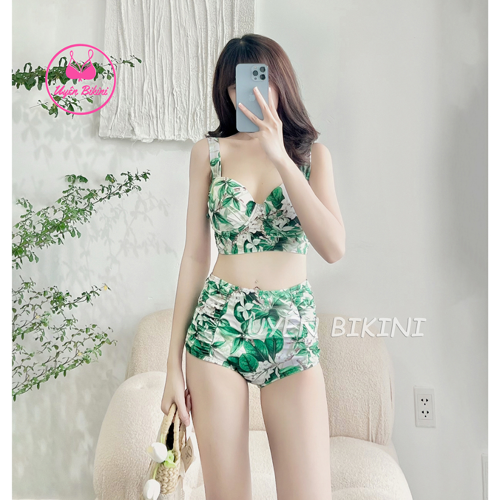 Đồ bơi áo tắm bikini set 3 món hoa kèm khăn hoa áo gọng vai vuông nâng ngực quần cạp cao hách dáng che khuyết điểm