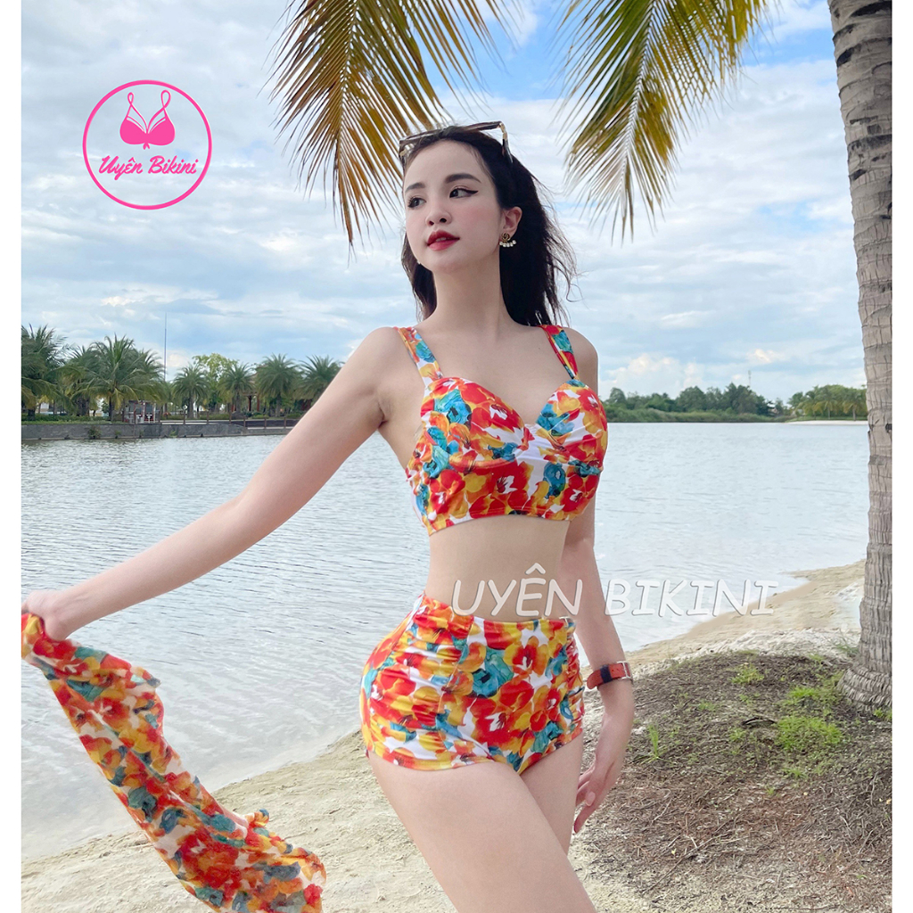 Đồ bơi áo tắm bikini set 3 món hoa kèm khăn hoa áo gọng vai vuông nâng ngực quần cạp cao hách dáng che khuyết điểm