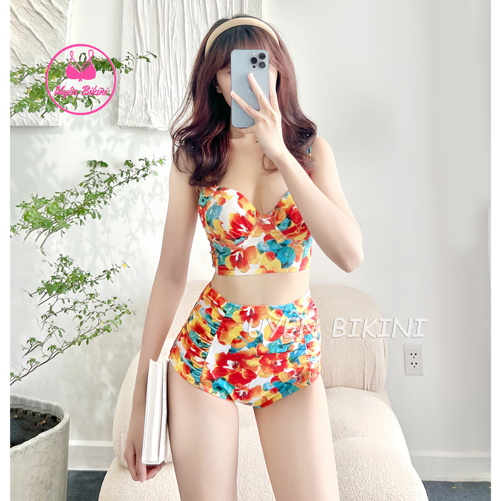 Đồ bơi áo tắm bikini set 3 món hoa kèm khăn hoa áo gọng vai vuông nâng ngực quần cạp cao hách dáng che khuyết điểm