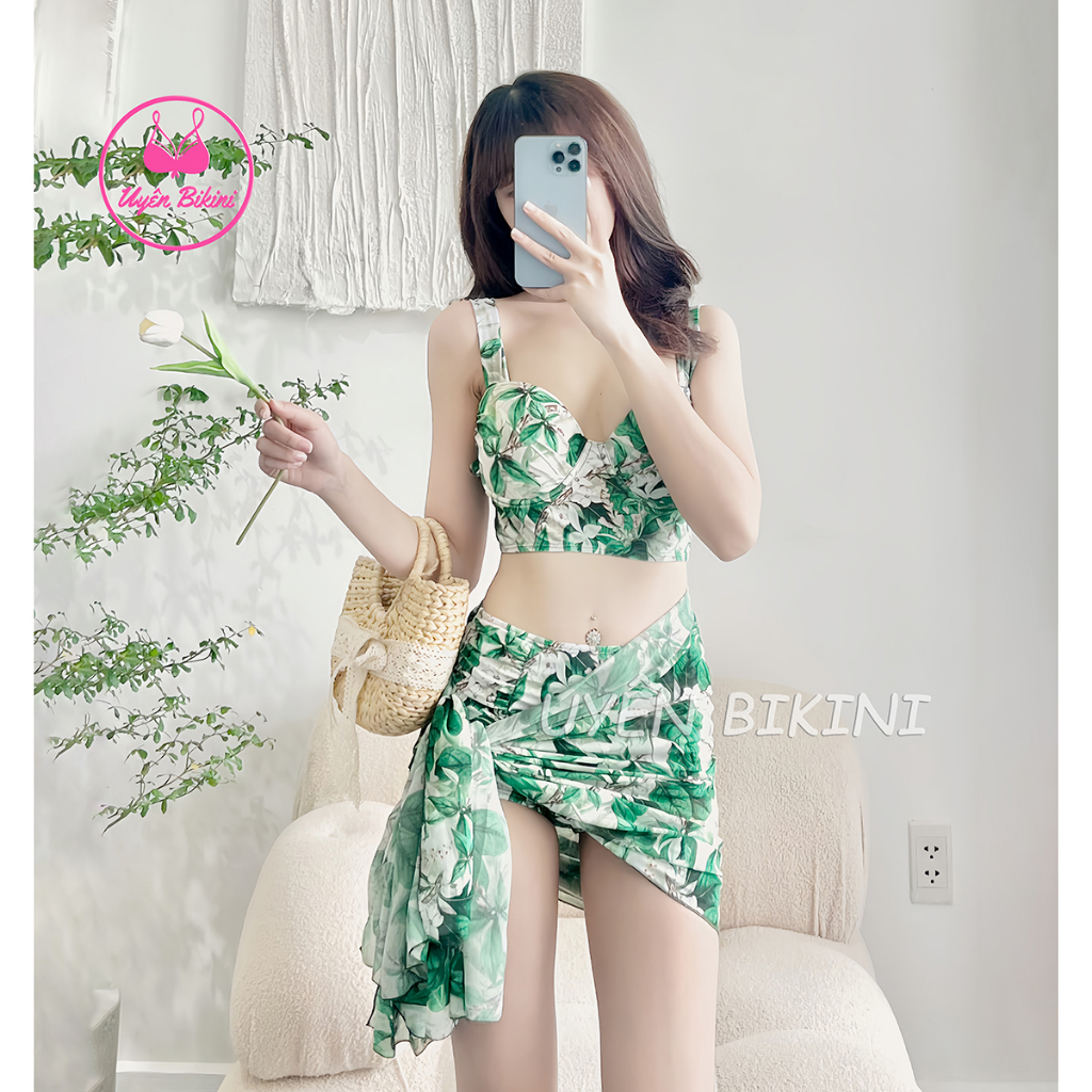 Đồ bơi áo tắm bikini set 3 món hoa kèm khăn hoa áo gọng vai vuông nâng ngực quần cạp cao hách dáng che khuyết điểm