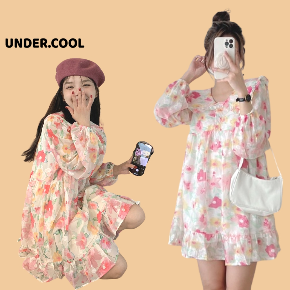 Váy Voan Dáng Bầu Babydoll dài tay hoa cổ bèo UNDERCOOL Đầm dập ly hoa phong cách tiểu thư thời trang nữ Korea