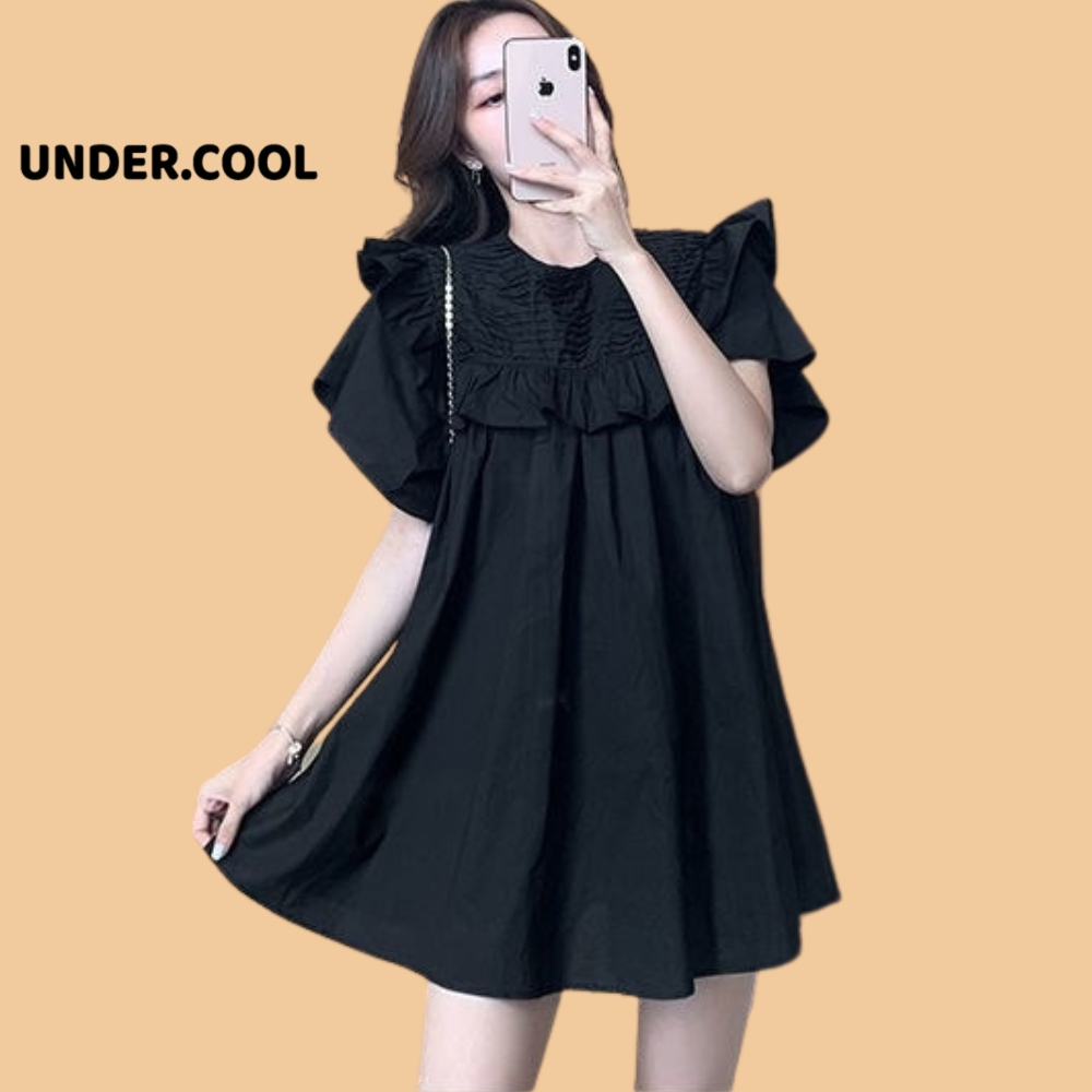 Váy babydoll Tiểu Thư Dáng Ngắn trên Gối Xếp ly Ngực Vai Bánh bèo UNDERCOOL Chất Mềm Cổ Viền