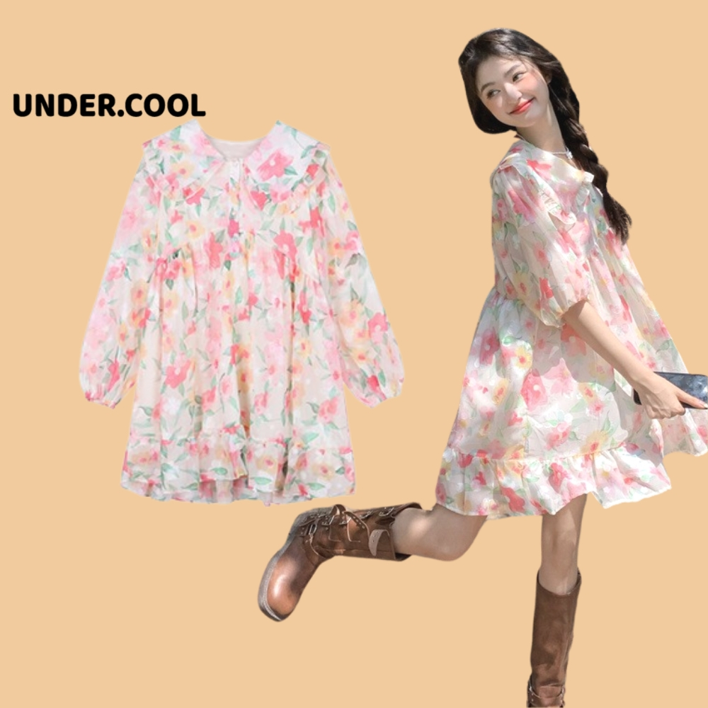 Váy Voan Dáng Bầu Babydoll dài tay hoa cổ bèo UNDERCOOL Đầm dập ly hoa phong cách tiểu thư thời trang nữ Korea