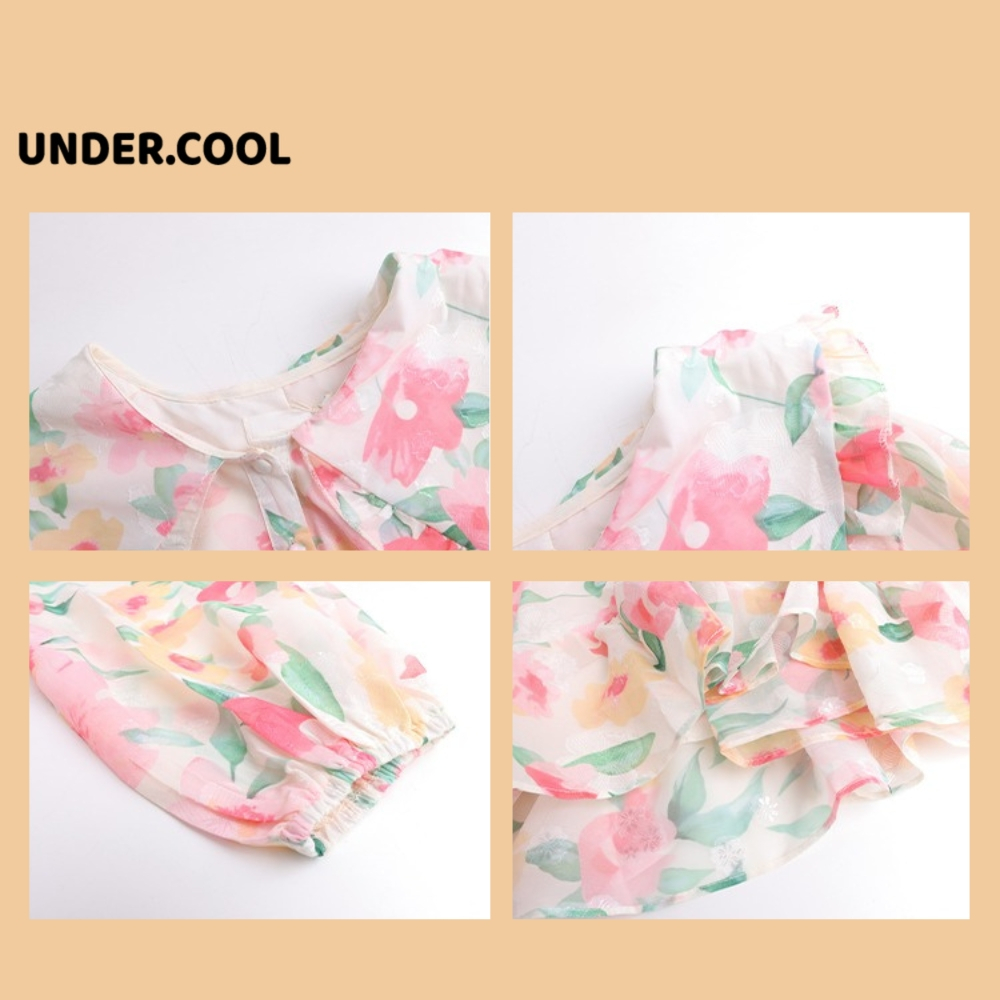 Váy Voan Dáng Bầu Babydoll dài tay hoa cổ bèo UNDERCOOL Đầm dập ly hoa phong cách tiểu thư thời trang nữ Korea