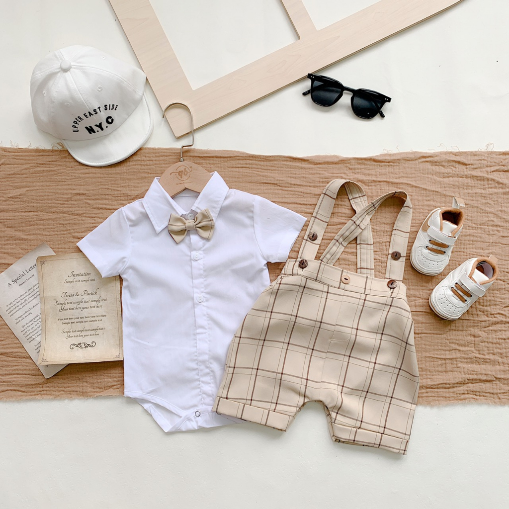 Quần Áo Trẻ Em Quỳnh Boutique Set Bộ Yếm Kẻ Kèm Áo Body Cho Bé