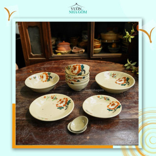 Set chén bát bông nâu cho gia đình 2-3 người, bộ chén bát cao cấp nhỏ cho gia đình- Vườn Nhà Gốm