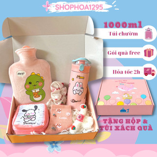 Set quà tặng bạn gái 8/3 20/10 kèm hộp quà túi xách và hoa sáp bộ quà tặng túi chườm bụng 1000ml