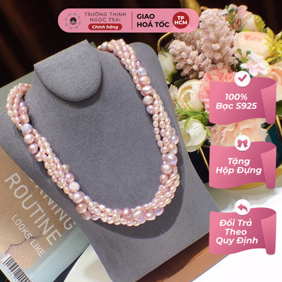 Vòng Cổ Ngọc Trai Đan Xoắn 4 Dây Màu Hồng Phấn Sang Trọng, Hiện Đại - Ngọc Trai Trường Thịnh