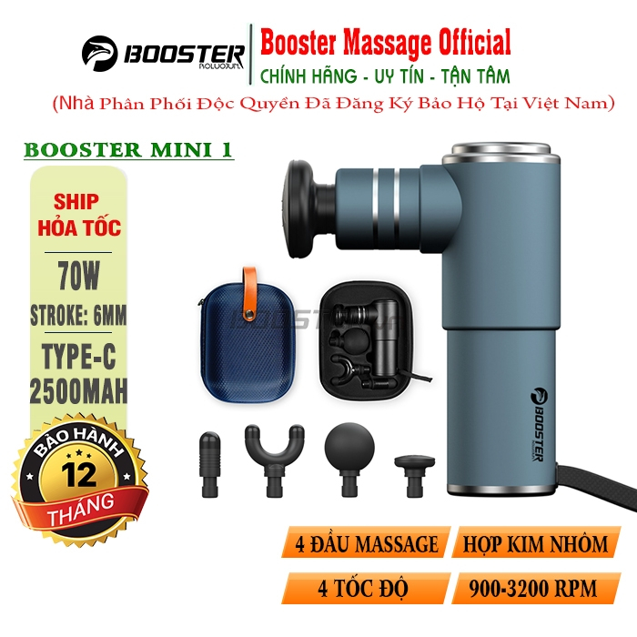 Súng massage gun Booster MINI điều trị căng cơ bắp - Chính hãng - Có Vali - Màu Xanh