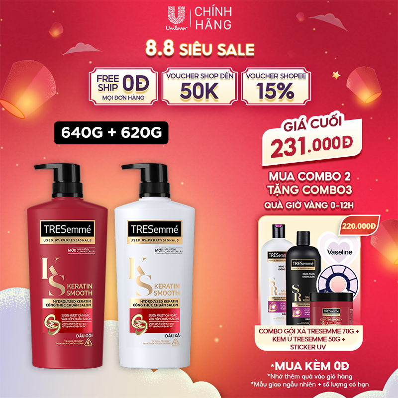 Combo Dầu Gội, Dầu Xả TRESEMME Keratin Smooth Dưỡng tóc khô xơ rối Công thức chuẩn salon Vào Nếp Suôn Mượt 640g, 620g