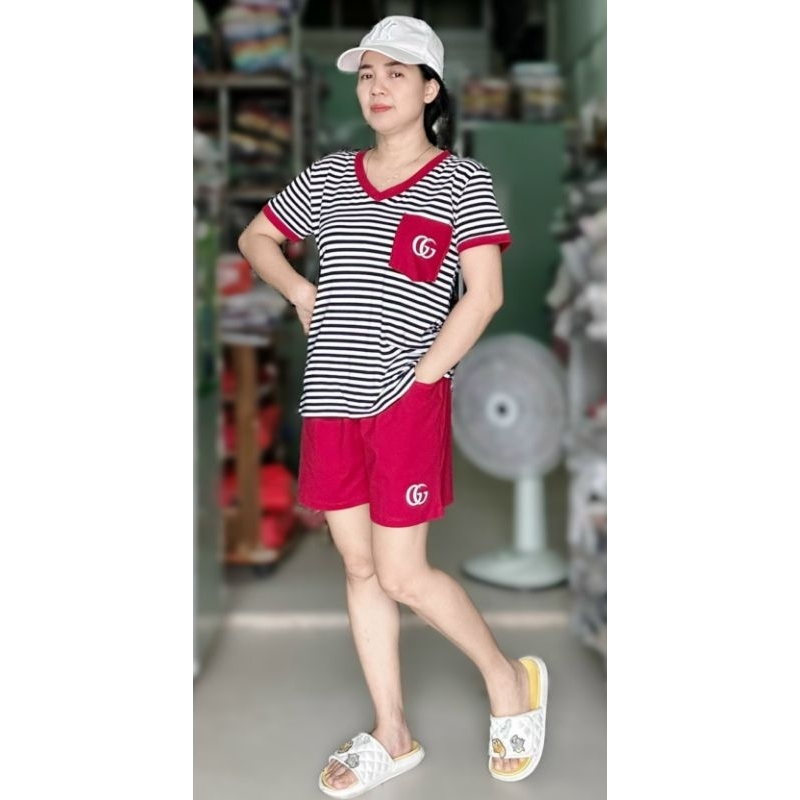 #TPS1201 Set đùi, đồ bộ mặc nhà đùi phối sọc tay ngắn bigsize, phối áo cổ tim nhãn hiệu #Tuyền_Phan_Bigsize