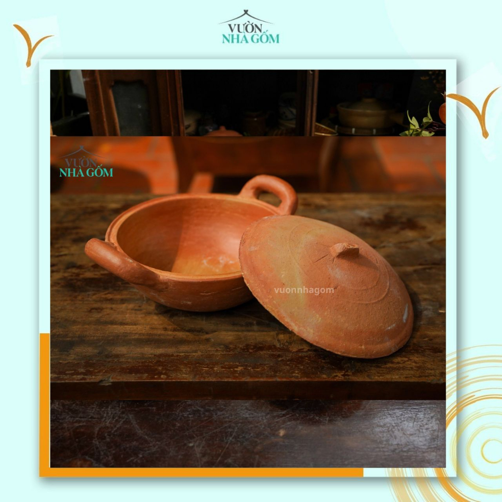 Nồi kho 2 tai có nắp size rộng 25cm, nồi gốm đất đỏ, nồi kho cá,thịt, gốm đất nung- Vườn Nhà Gốm