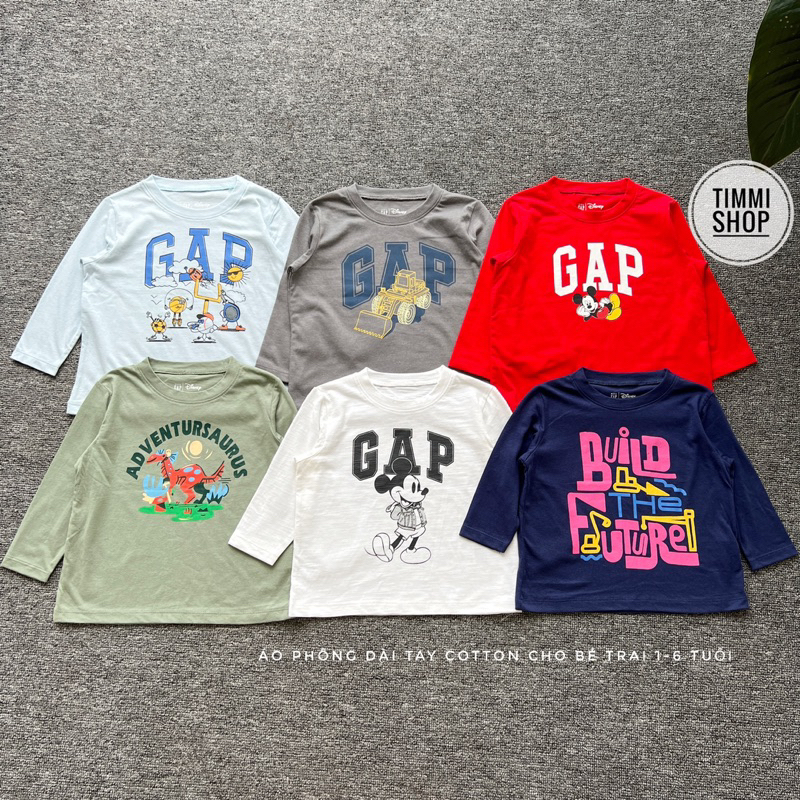 Áo Phông Dài Tay Baby Gap Cotton 100% Mềm Mát Cho Bé Trai 1 Đến 6 Tuổi