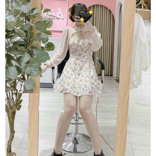 Đầm hoa nhí dáng xoè cổ nơ khoét ngực dễ thương