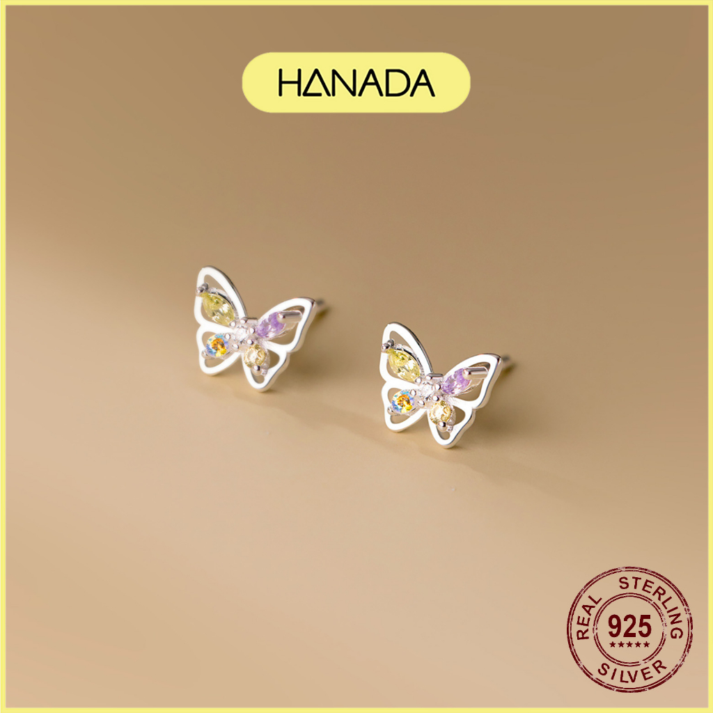 Bông Tai Bạc 925 Hanada Đính Đá Ngũ Sắc Tiểu Thư Nhẹ Nhàng Hồ Điệp 5 Màu 1108 D16